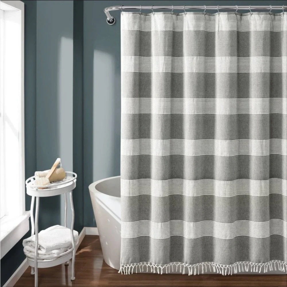 NWT Tucker Stripe Yarn Dyed Cotton Tassel Shower Curtain Gray/White - Lush Décor